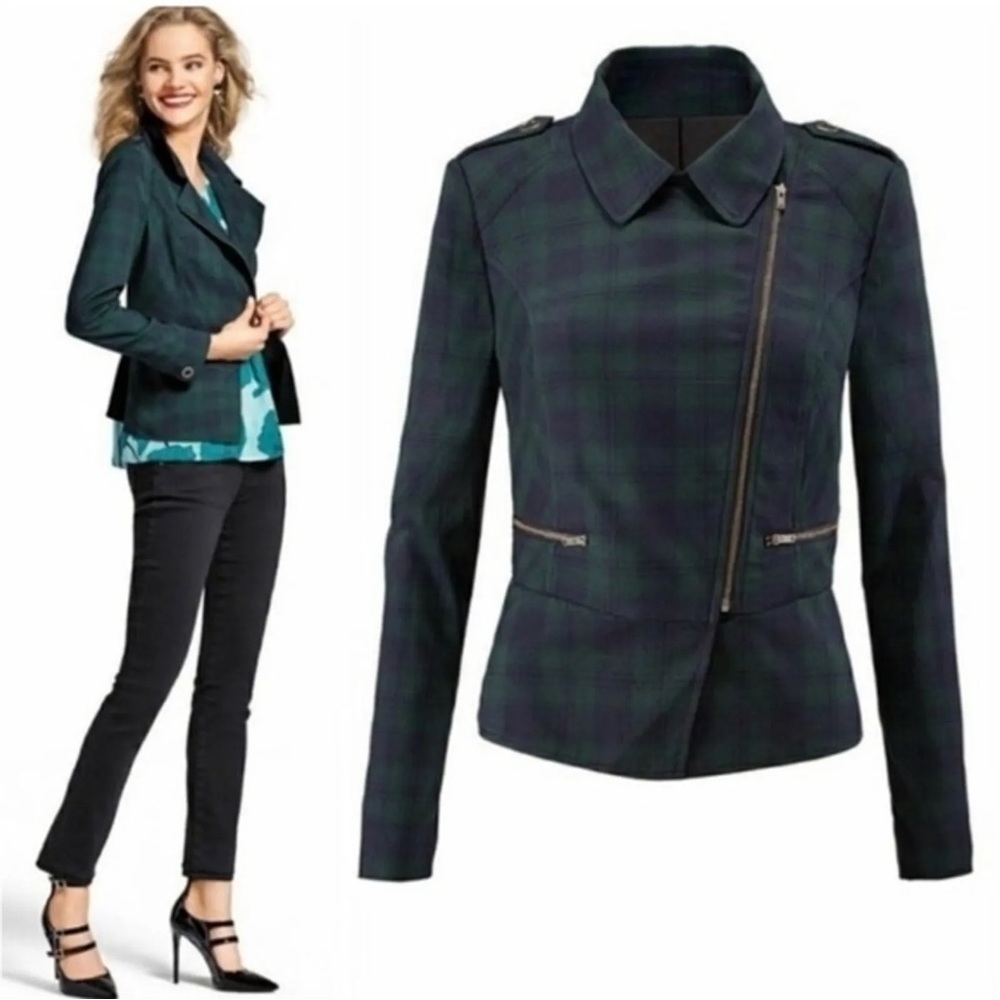 Cabi Tartan Plaid Asymmetrical Zip Jacket Sz 8 navy blue green